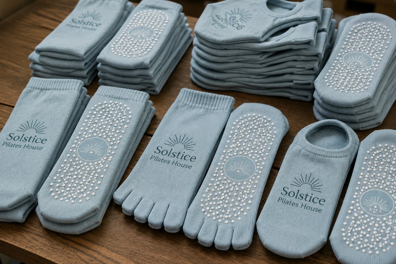 Custom grip socks with studio logo arranged on a pilates bench