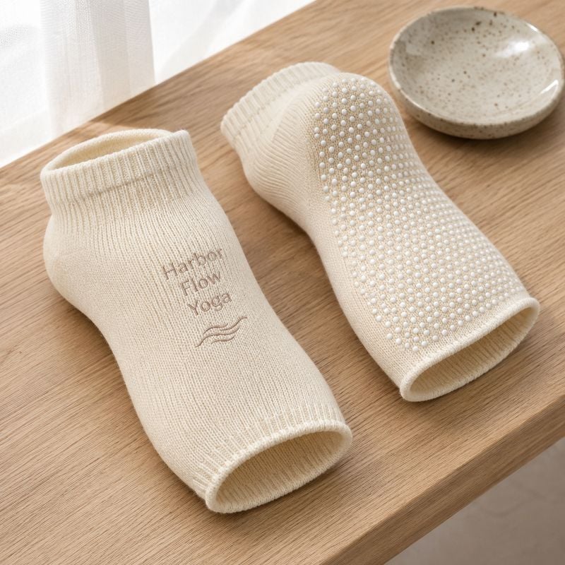 Custom open-toe grip socks in cream — toeless pilates socks with a knit studio logo and silicone grip sole