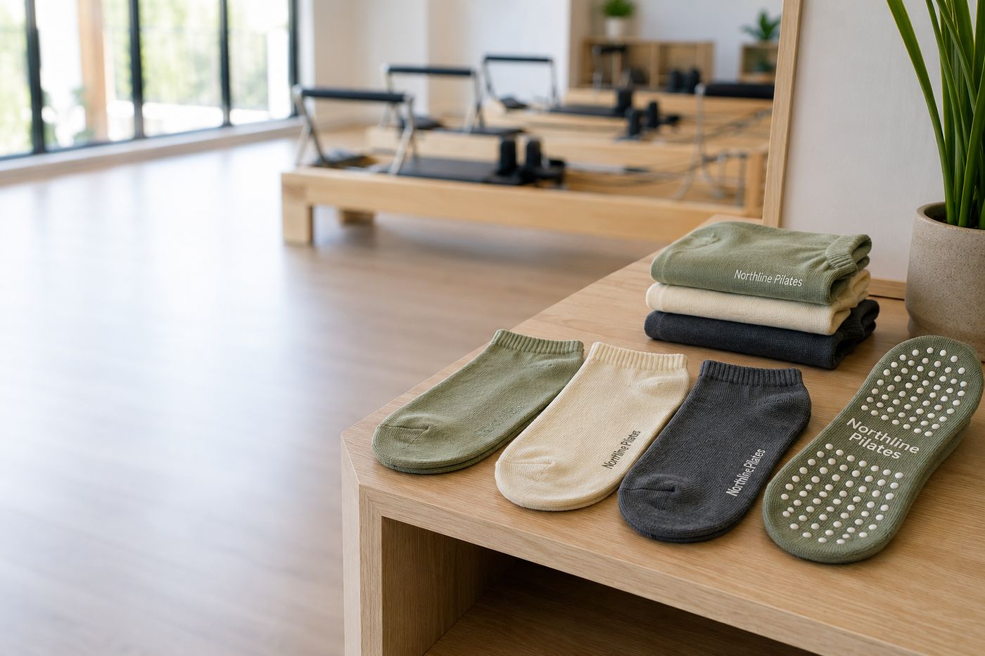 Custom pilates grip socks with a studio logo laid out on a shelf in a bright pilates studio