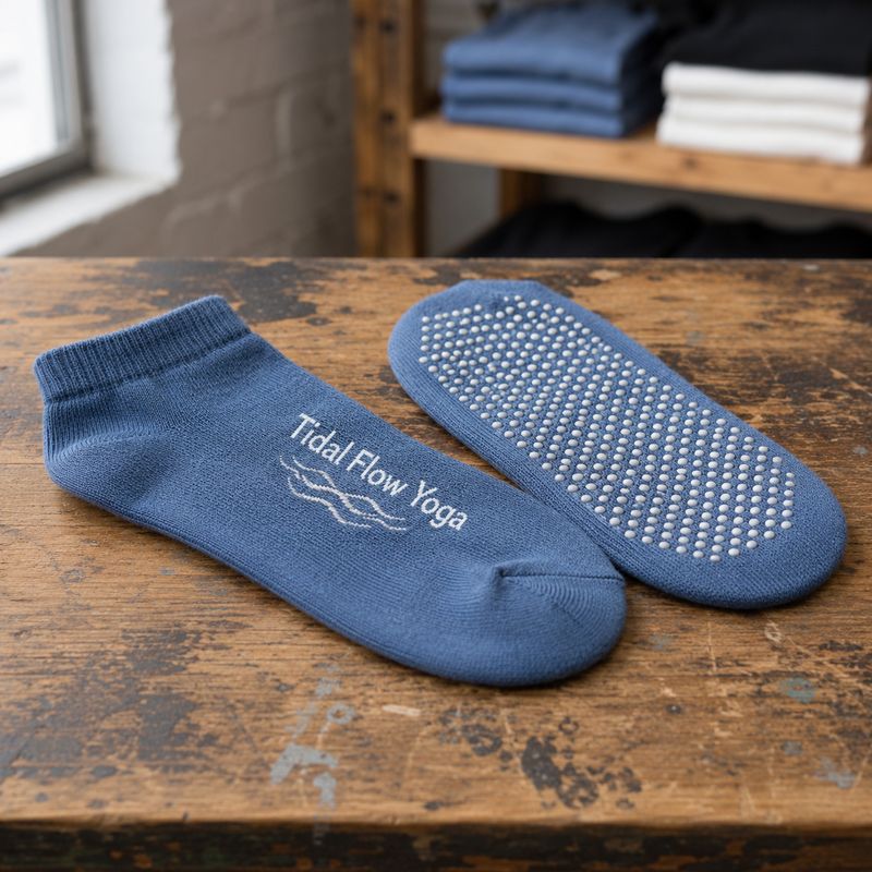Studio grip sock merchandise stocked on a wooden workbench
